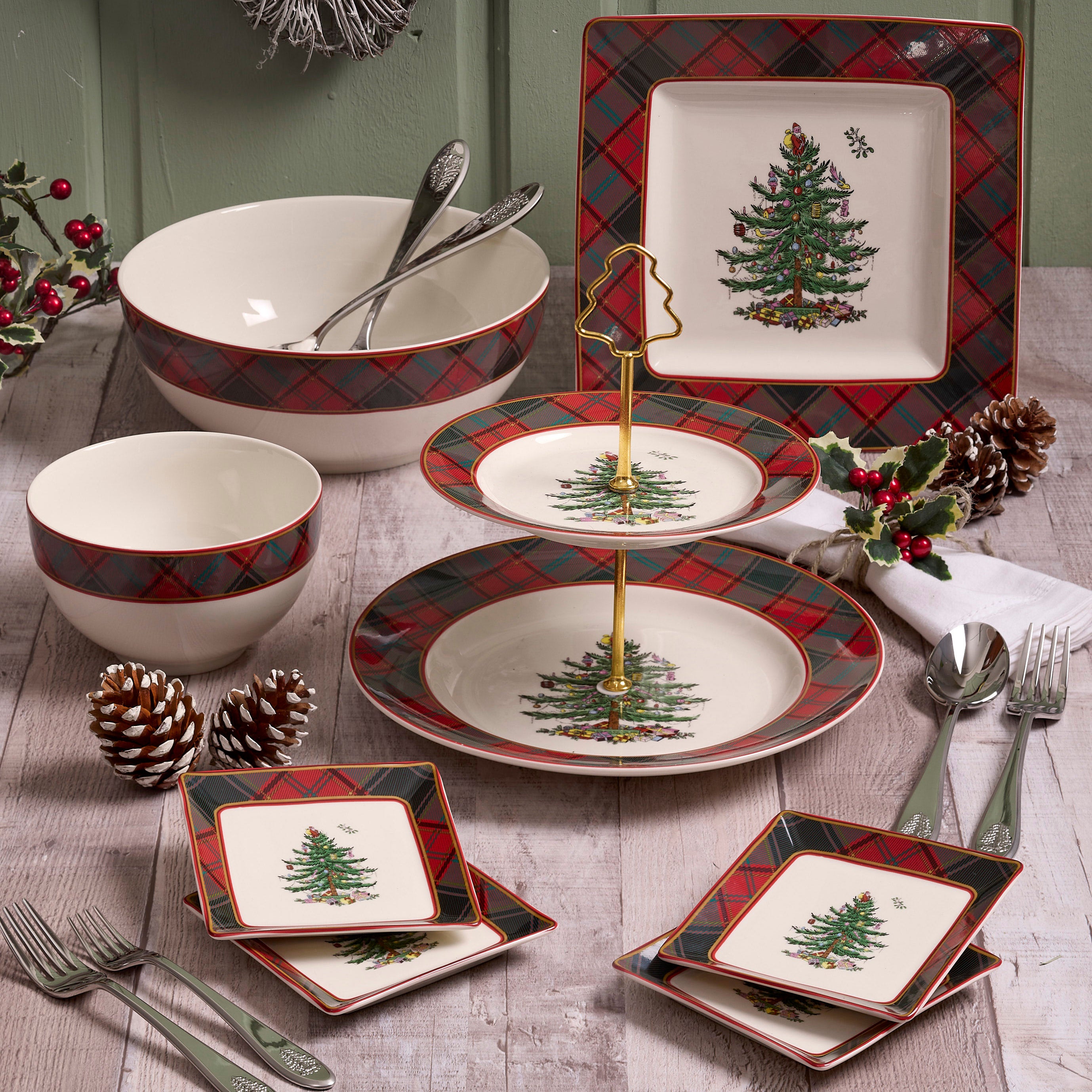 Christmas Tree Tartan Square Tidbit Plates, Set of 4