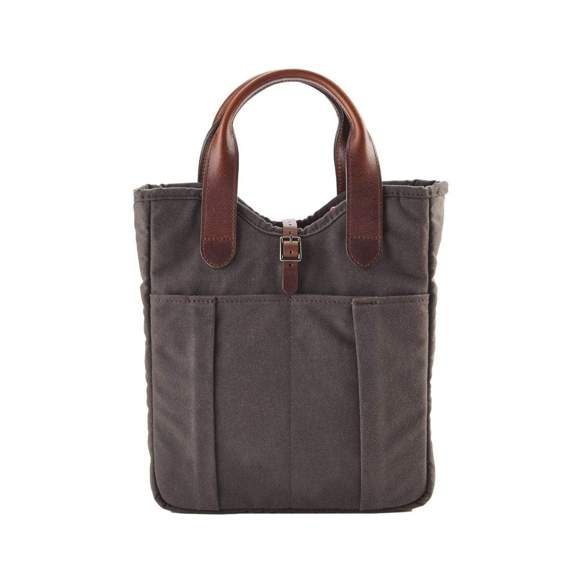 Front view of Bark Canvas Whiskey Tote showcasing brown leather handles and four exterior slip pockets on white background