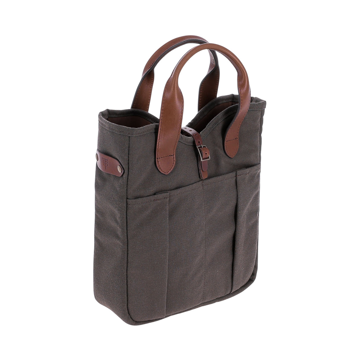 Three-quarter view of Bark Canvas Whiskey Tote showcasing leather handles and exterior pockets with white background