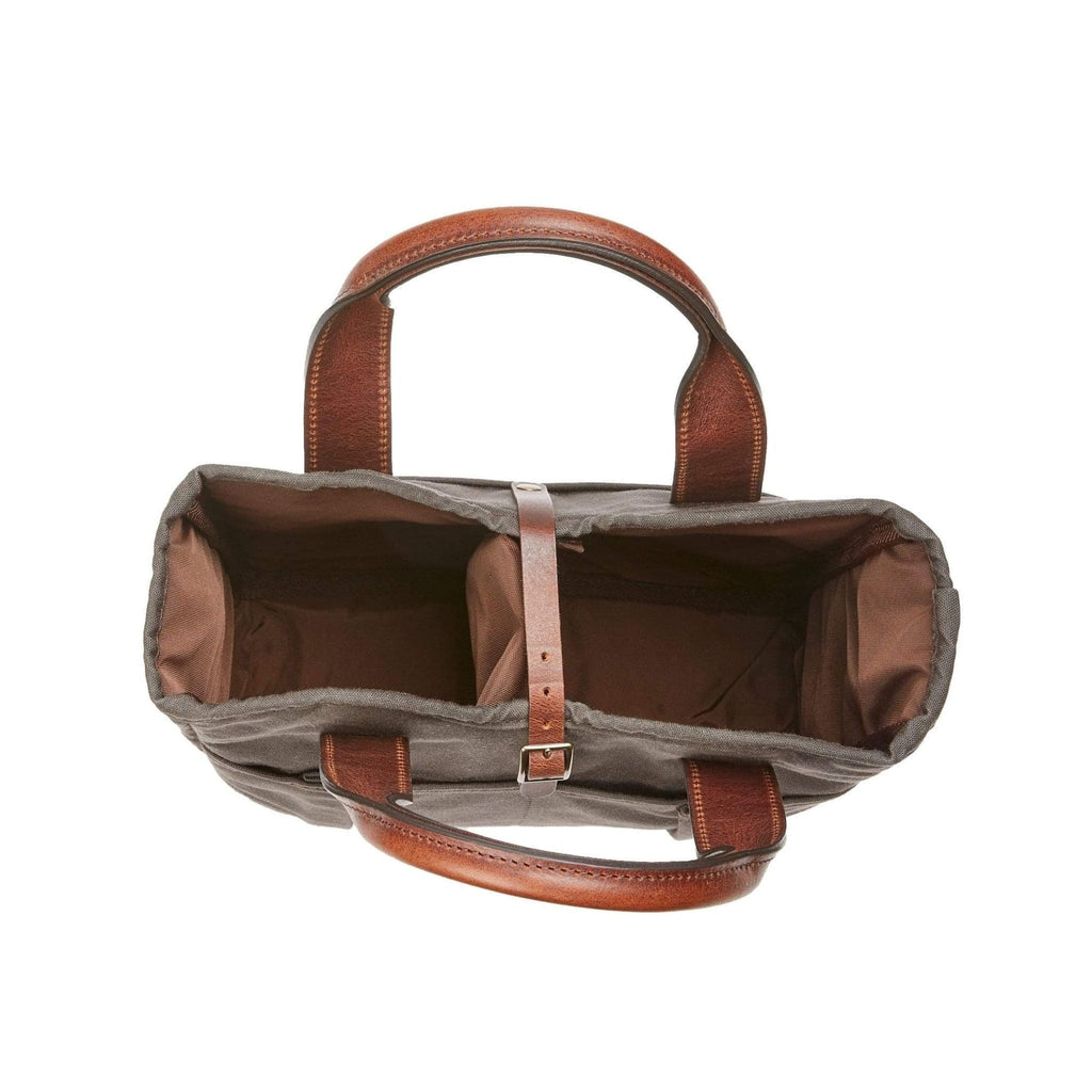 Top view of Bark Canvas Whiskey Tote showcasing padded interior liner, removable divider, and leather handles on white background