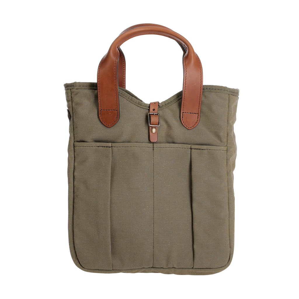 Front view of the Sawgrass Canvas Whiskey Tote showcasing leather handles and exterior slip pockets on a white background