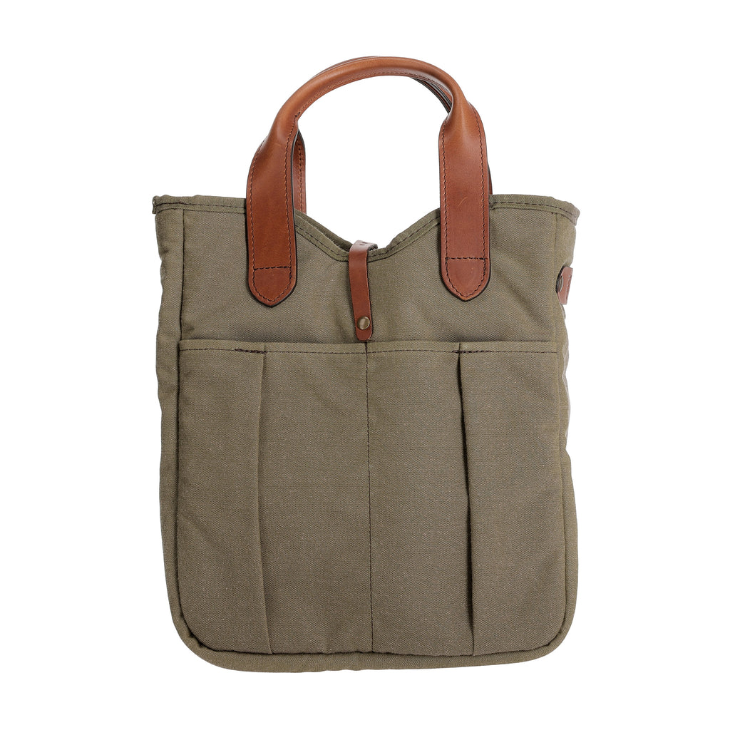 Front view of Sawgrass Canvas Whiskey Tote showcasing leather handles and four exterior pockets on a white background