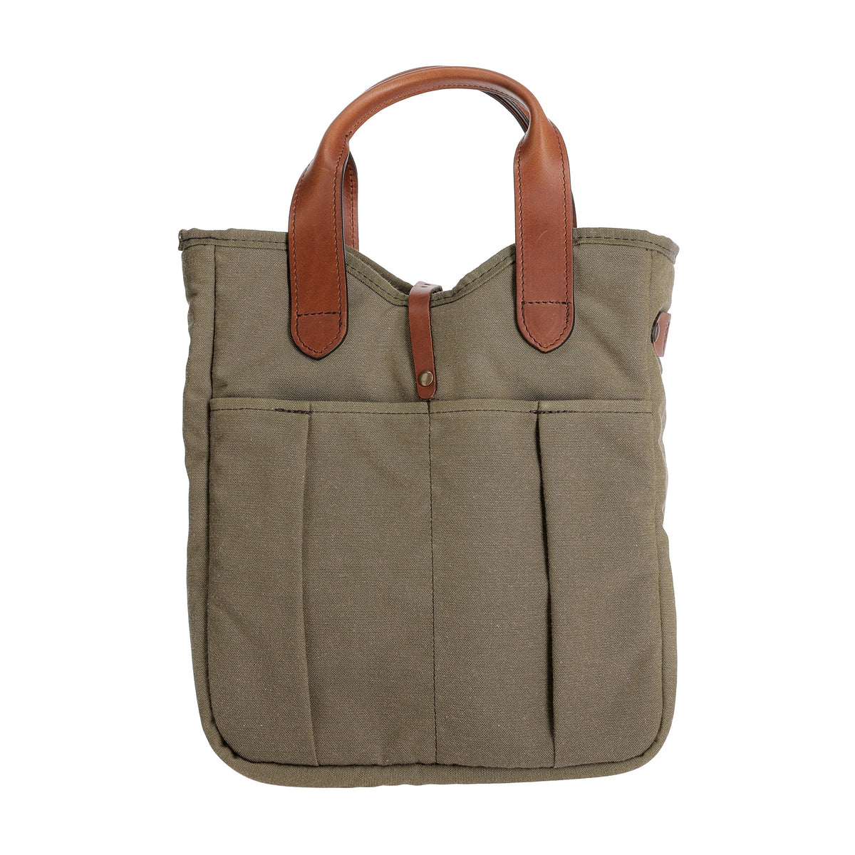 Front view of Sawgrass Canvas Whiskey Tote showcasing leather handles and four exterior pockets on a white background