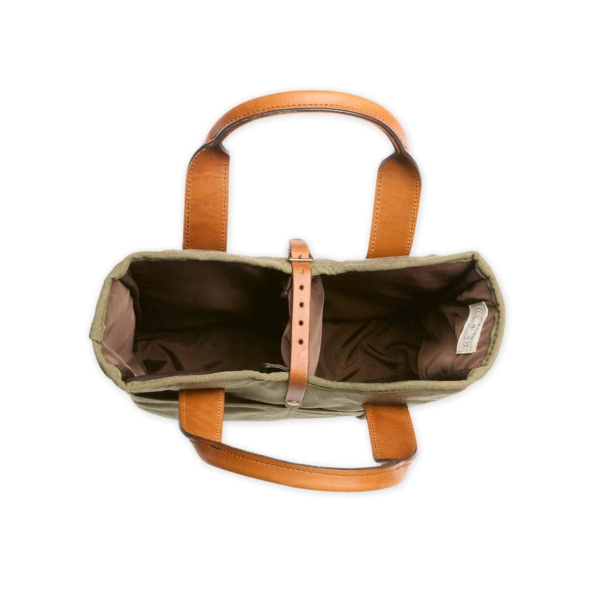 Top view of Sawgrass Canvas Whiskey Tote showcasing padded liner, removable divider, and leather handles on white background