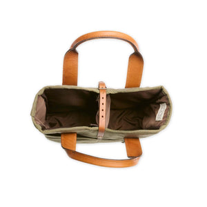 Top view of Sawgrass Canvas Whiskey Tote showcasing padded liner, removable divider, and leather handles on white background