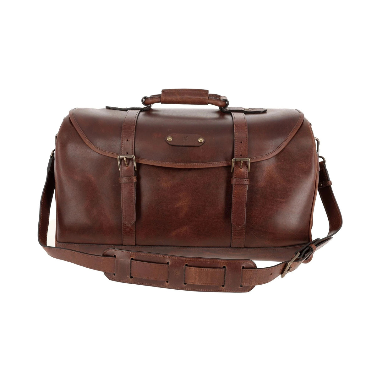 Front view of Tom Beckbe Leather Weekender Duffel Bag in oak full-grain leather with brass buckles and shoulder strap