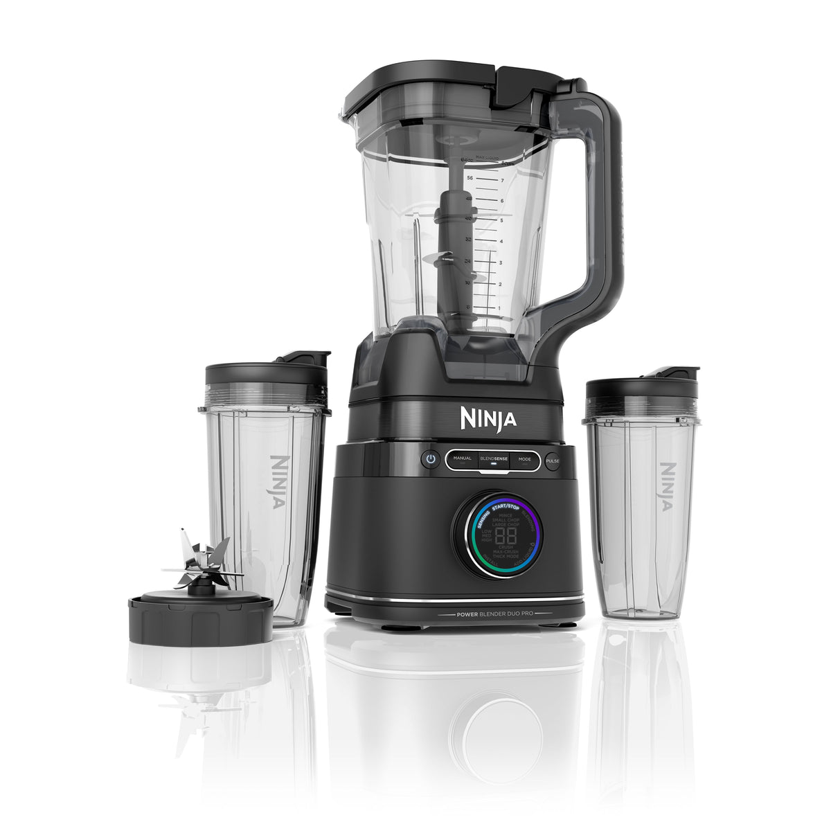 Front view of Ninja Detect Duo Power Blender Pro with large pitcher, digital dial, two single-serve cups and blade on white