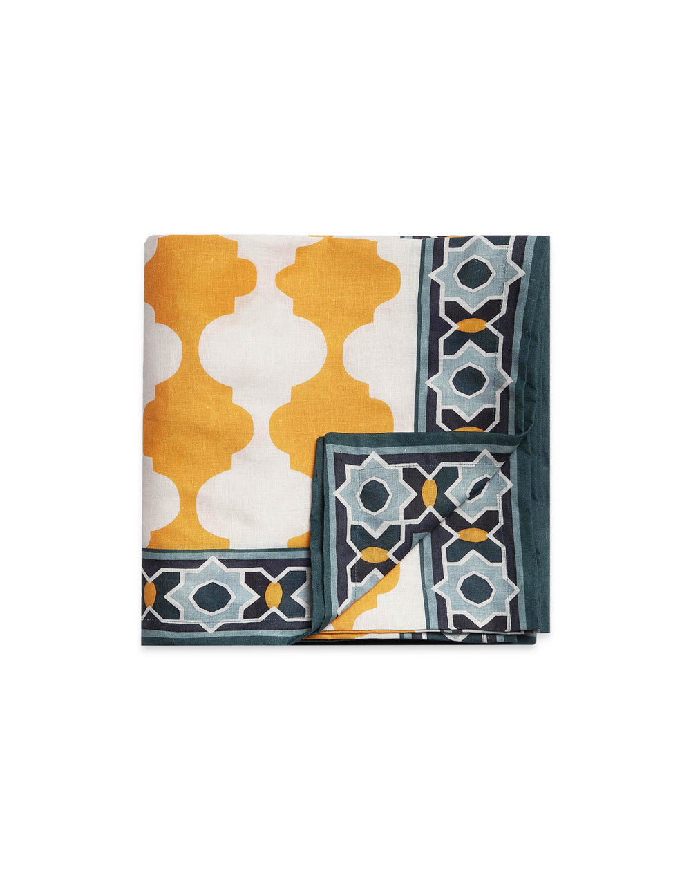 Folded view of large tablecloth Plaza Large Yellow showing yellow print and teal geometric border on white background