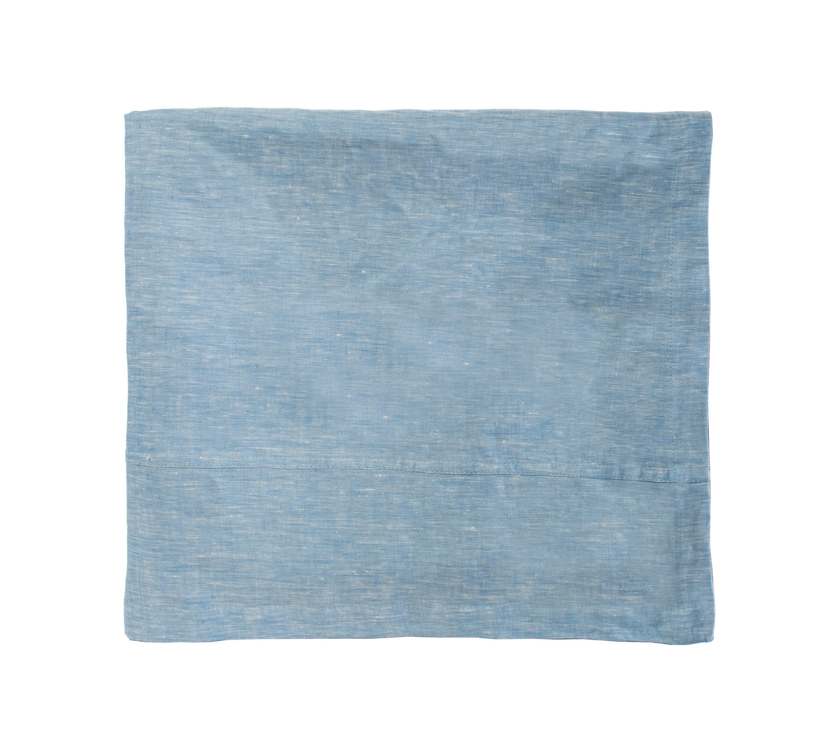 Folded view of Chambray Fringe Tablecloth in Blue showcasing its two-toned weave on a white background