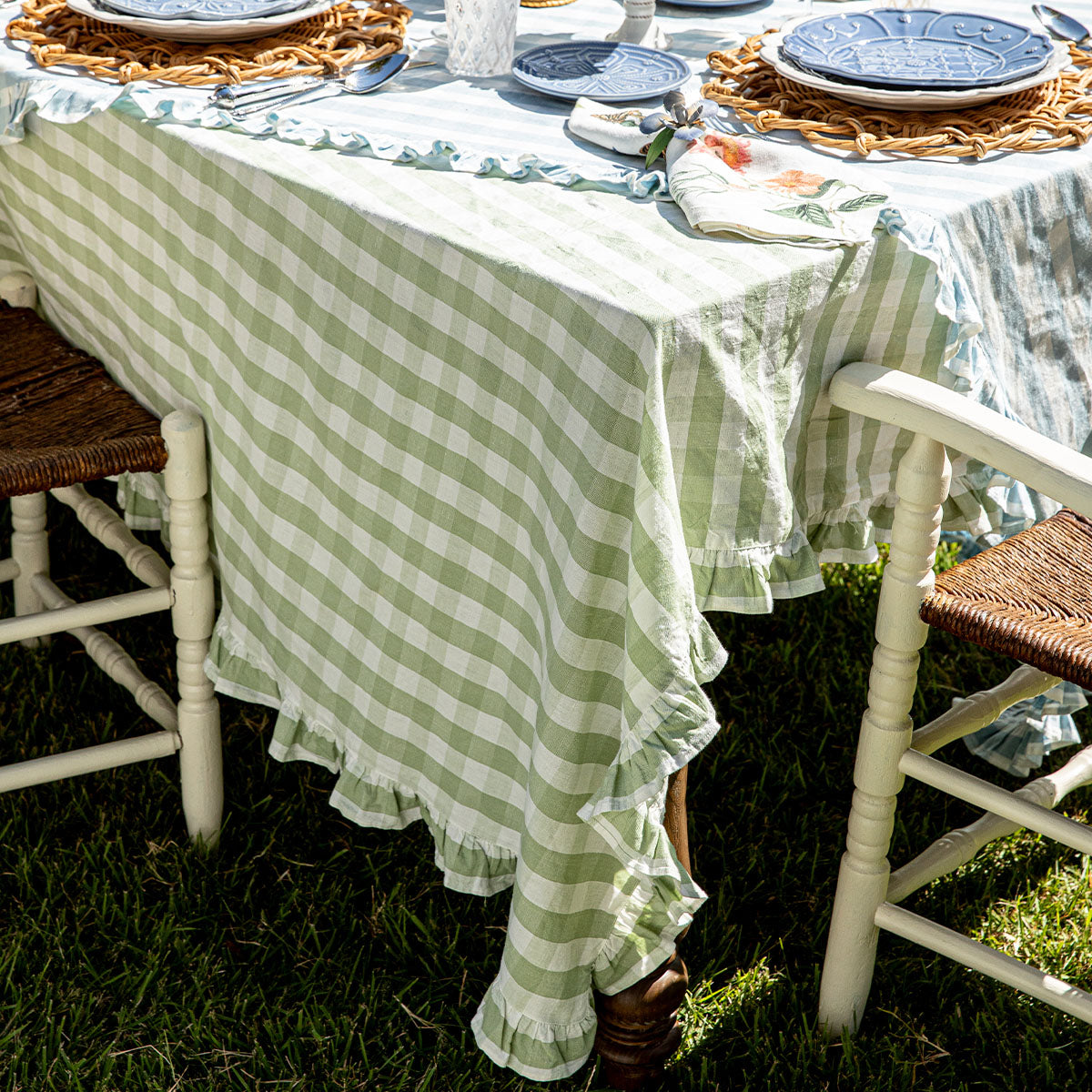 Gingham Ruffle 60" x 120" Tablecloth in Seagrass