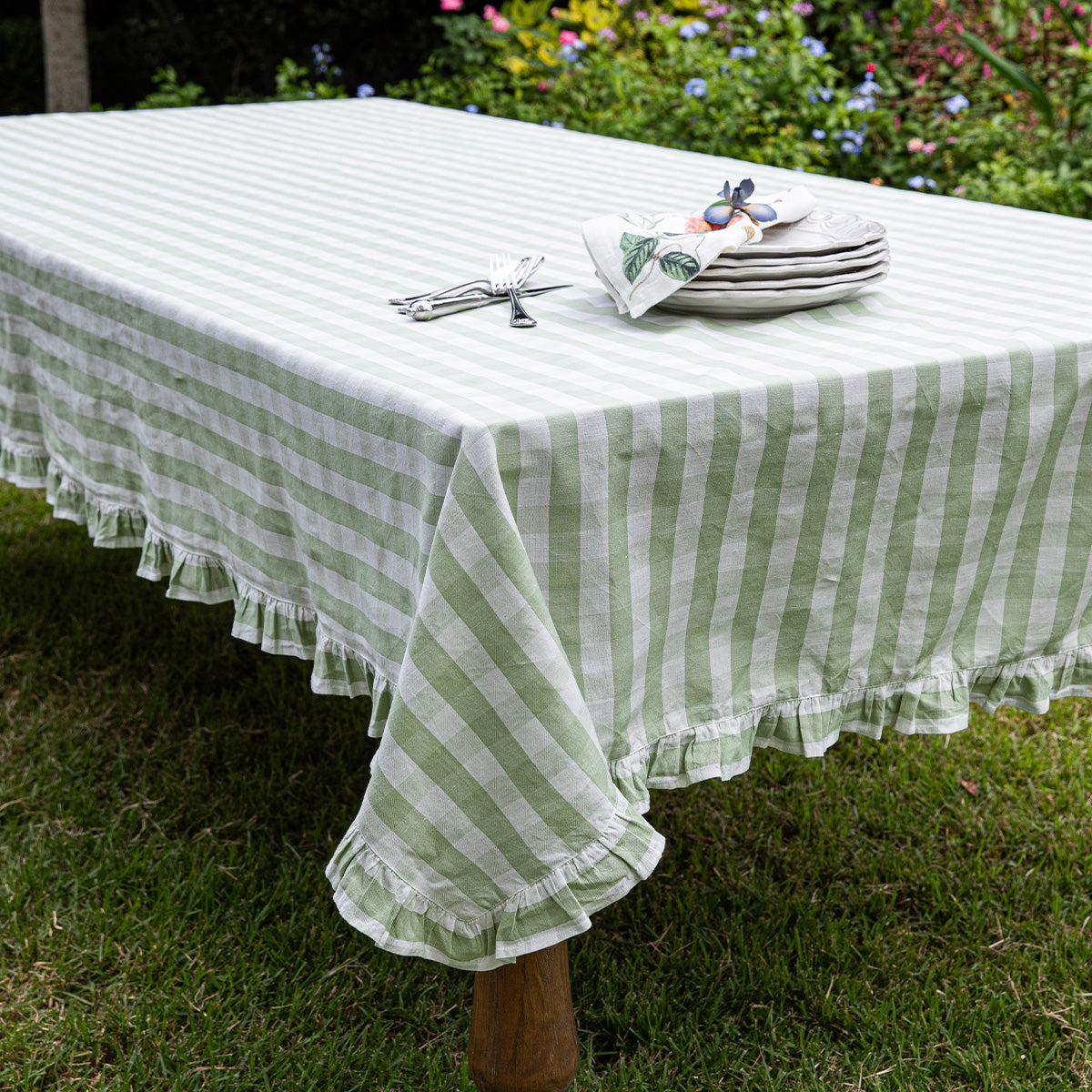 Gingham Ruffle 60" x 120" Tablecloth in Seagrass