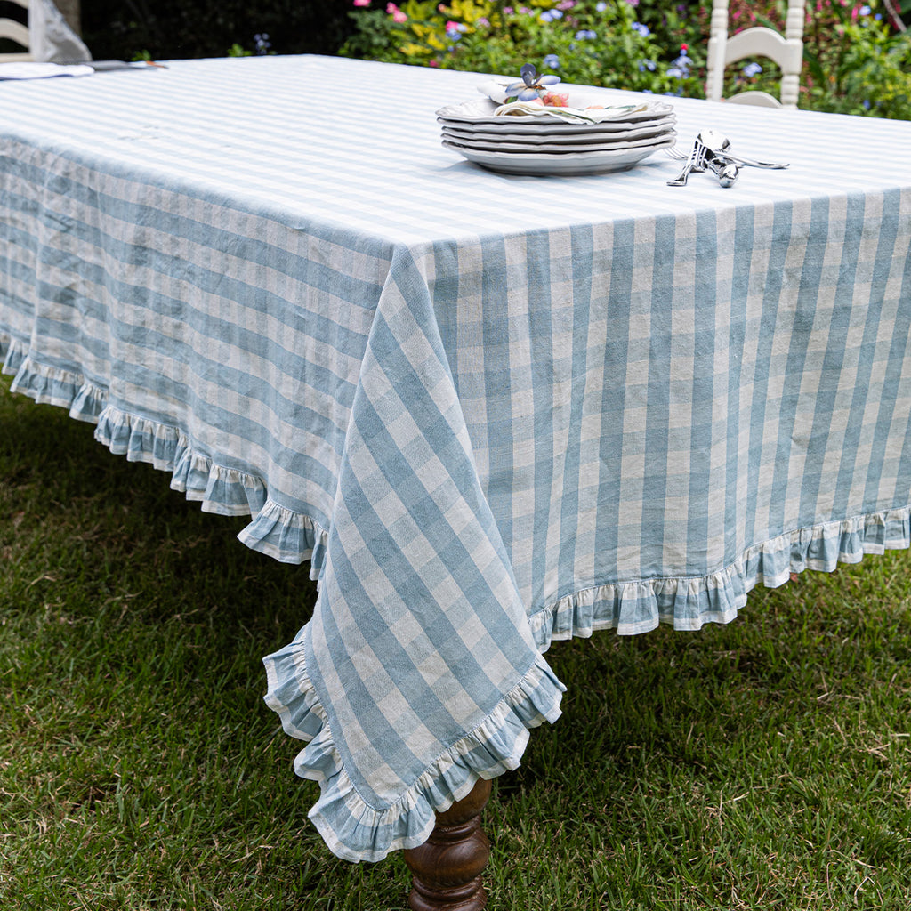 Gingham Ruffle 60" x 120" Tablecloth in Ocean