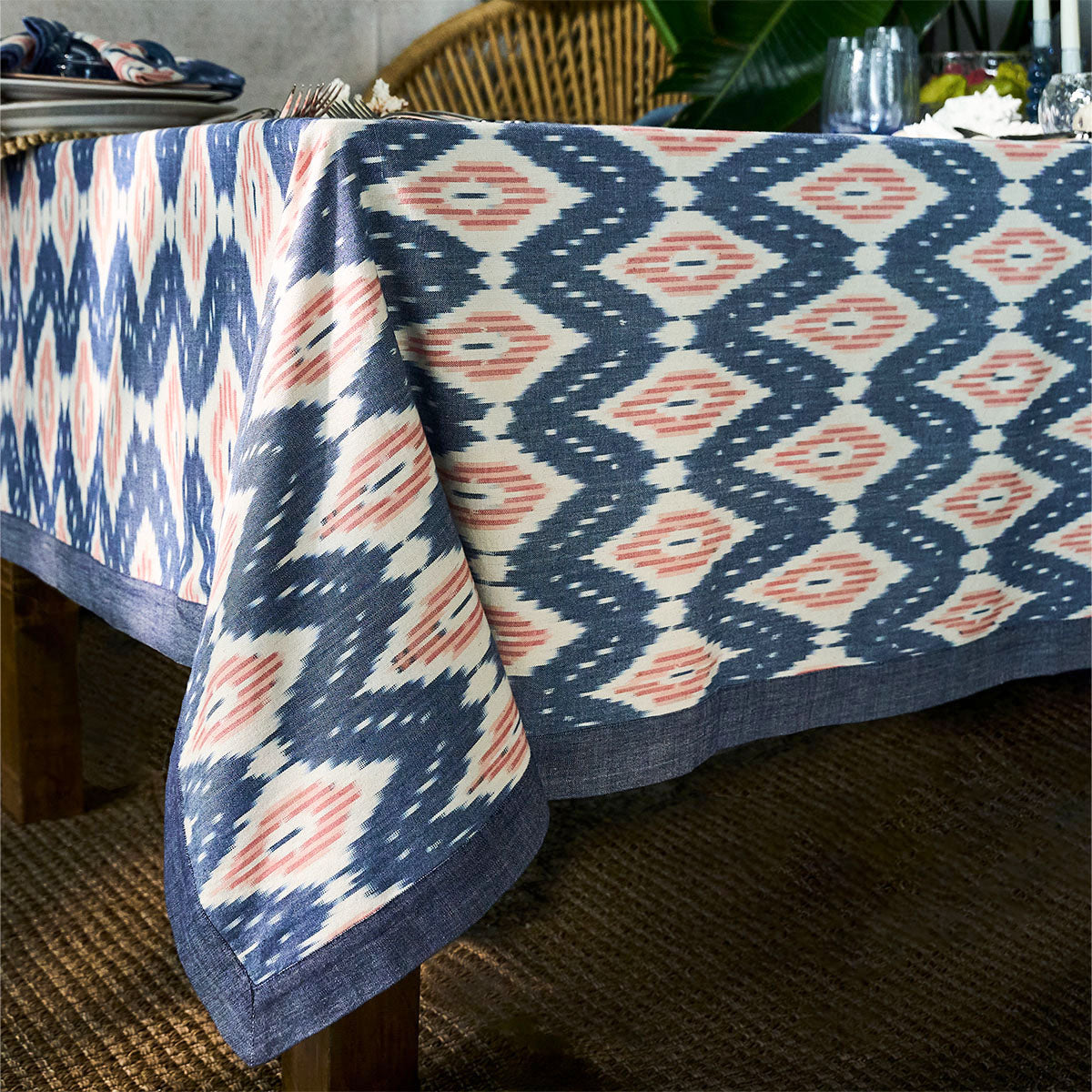 Ikat 60" x 120" Tablecloth in Blue and Pink
