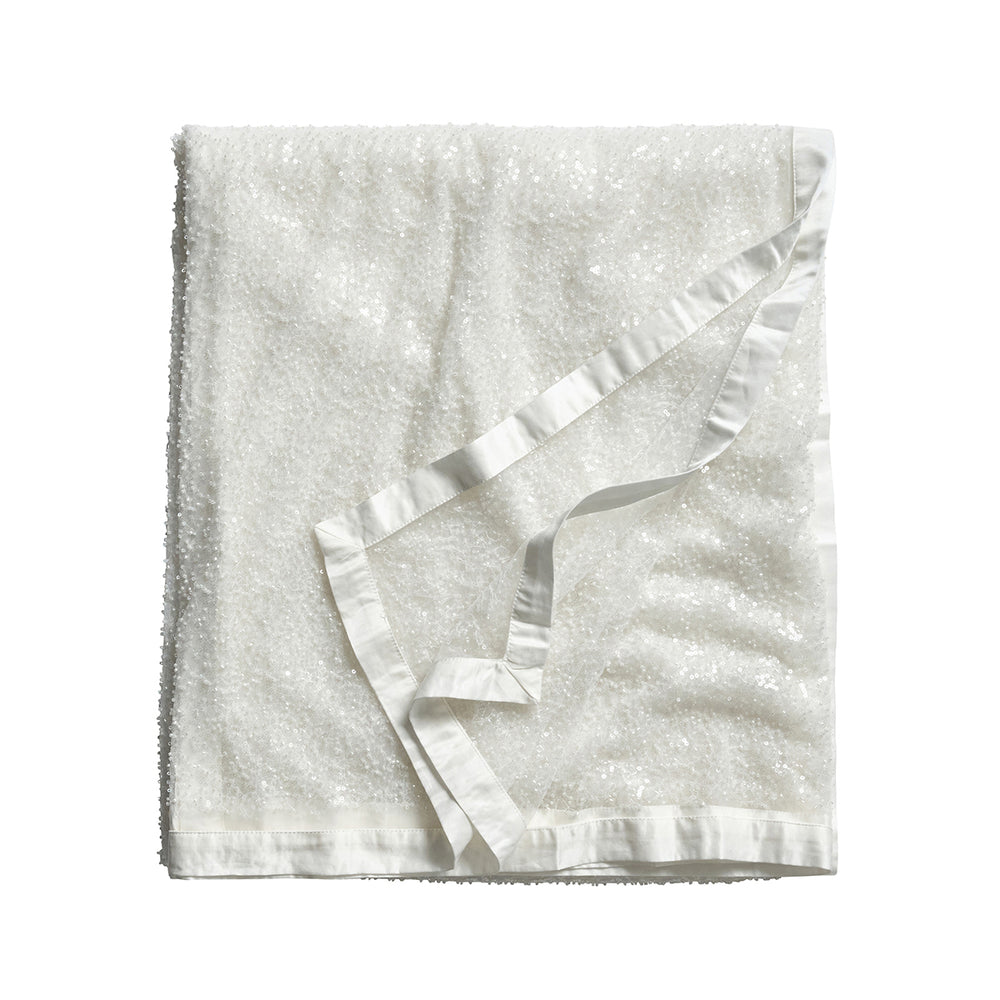 Top view of Beaded 60 x 130 Tablecloth in White showcasing beaded detail and bordered edges on a white background