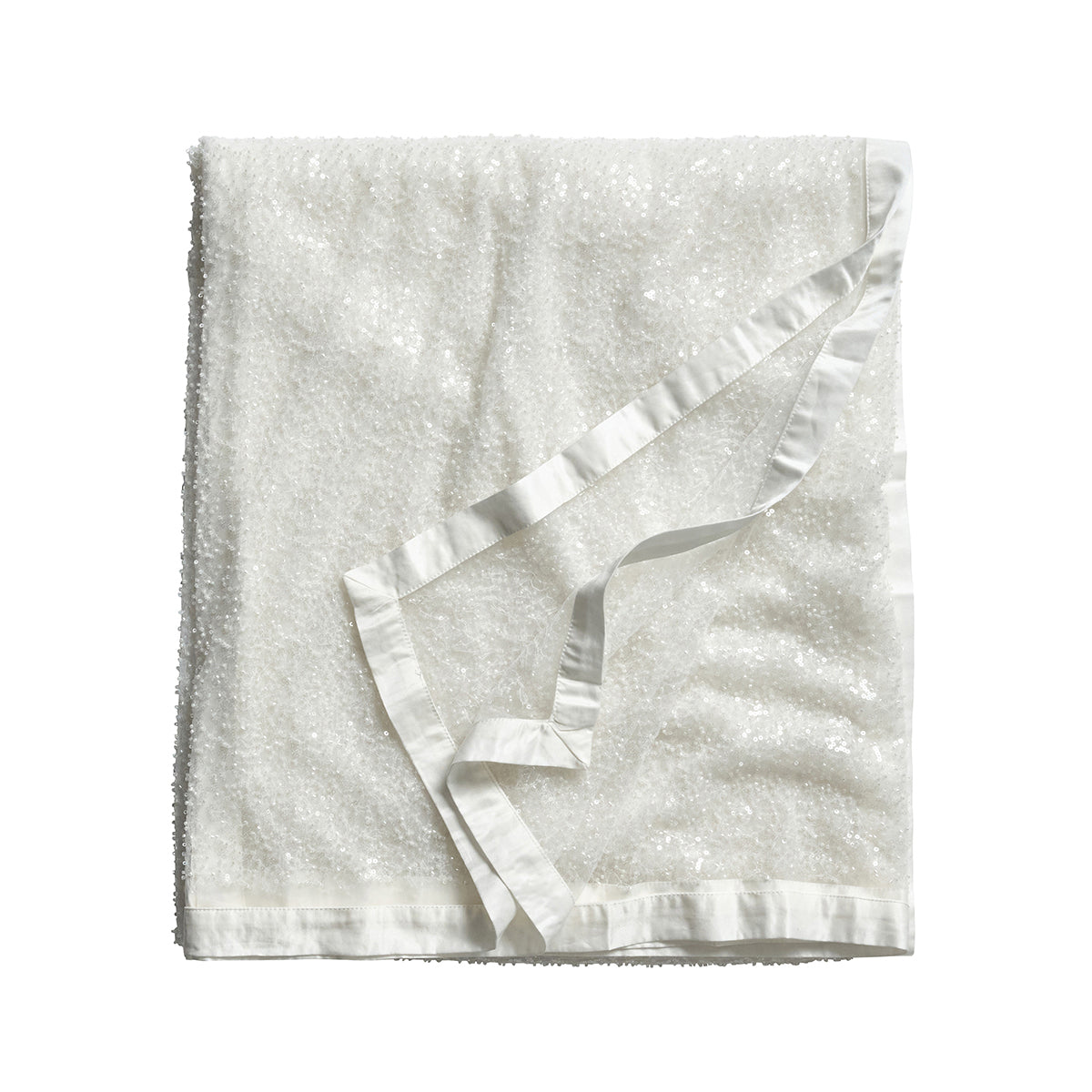 Top view of Beaded 60 x 130 Tablecloth in White showcasing beaded detail and bordered edges on a white background