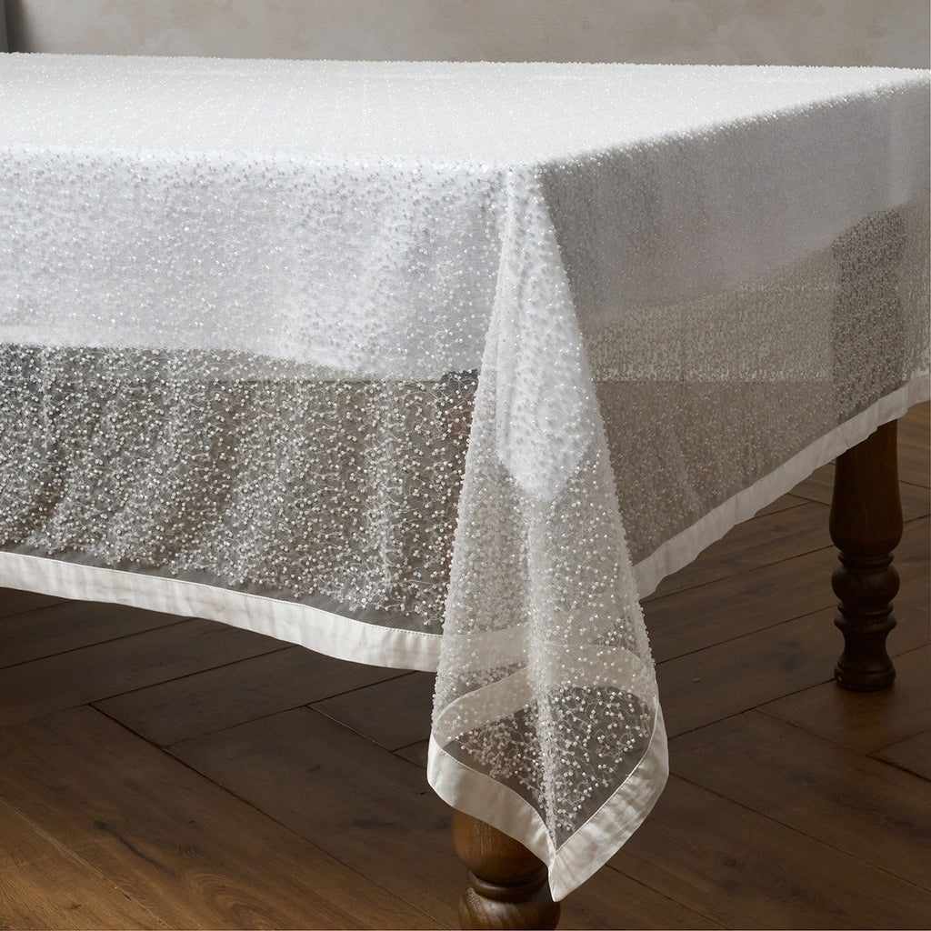 Beaded 60" x 130" Tablecloth in White