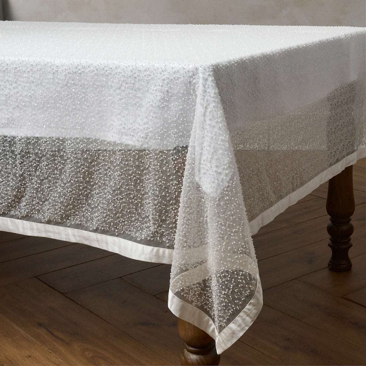 Beaded 60" x 130" Tablecloth in White
