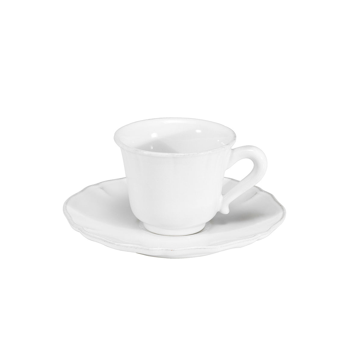 Front view of Alentejo coffee cup and saucer showcasing scalloped edges and glossy white glaze on white background