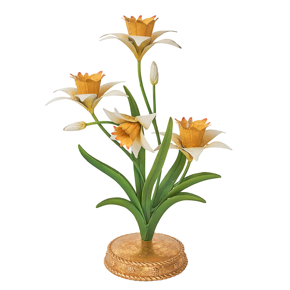 Front view of Meadow Walk Daffodil 14-inch Centerpiece Candelabra in Yellow with hand-painted flowers and gold base