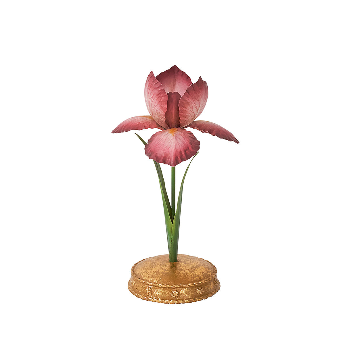 Front view of Meadow Walk Iris 9-inch candlestick showcasing hand-painted pink iris and gold Berry and Thread base on white