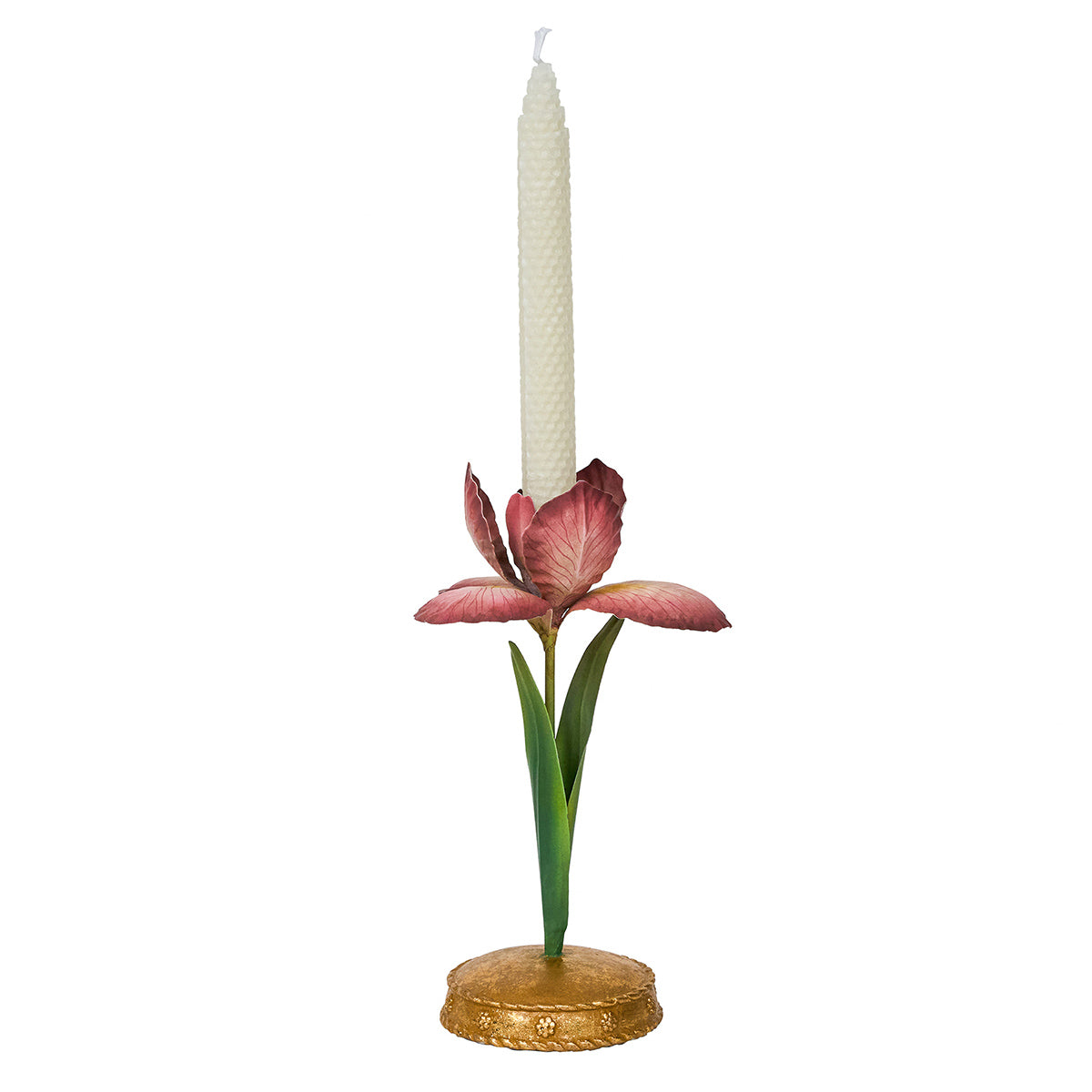 Front view of Meadow Walk Iris 9-inch candlestick in pink showcasing hand-painted iris and gold base on white background