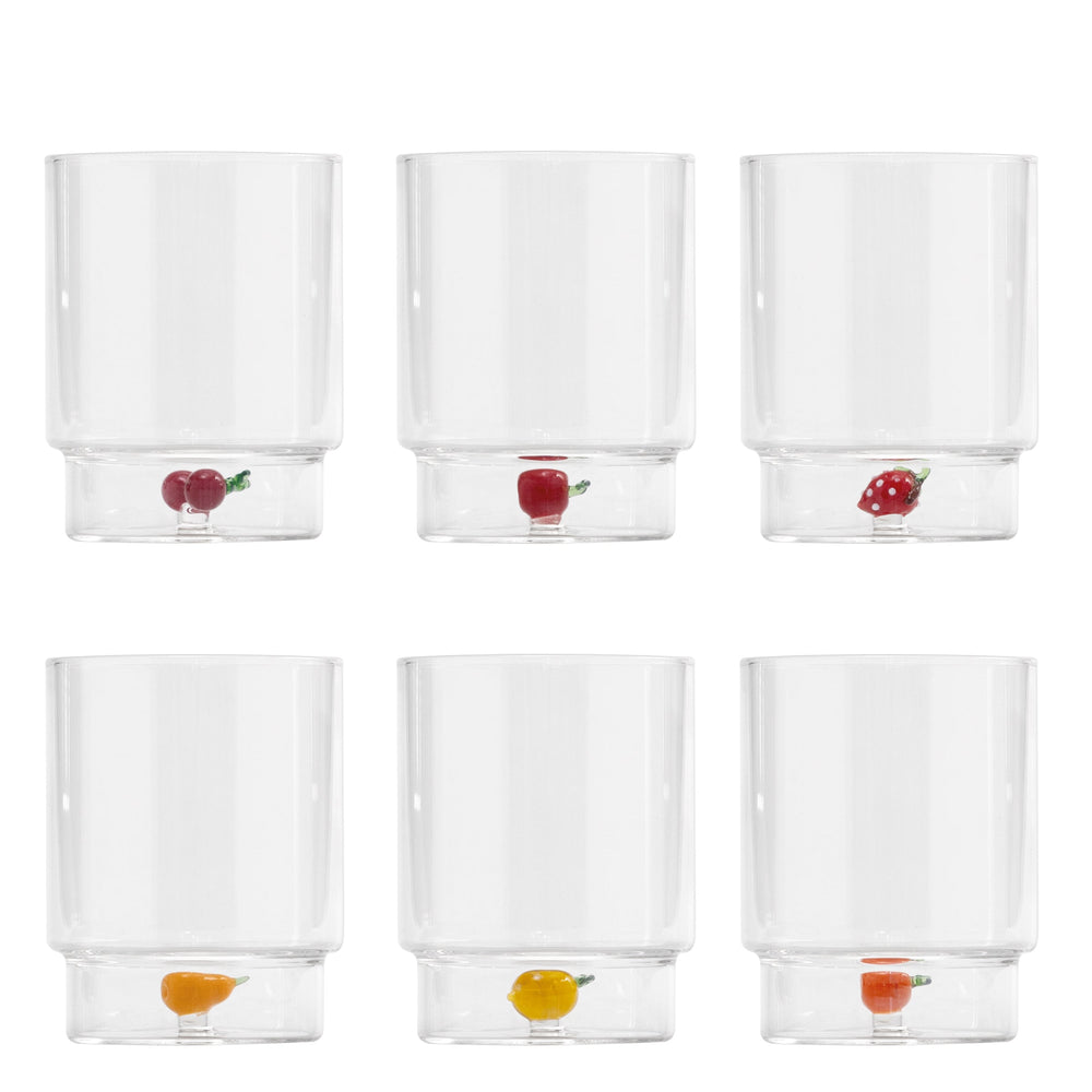 Set of 6 Teca Frutta clear glass tumblers with small colorful glass fruit in each base on white background