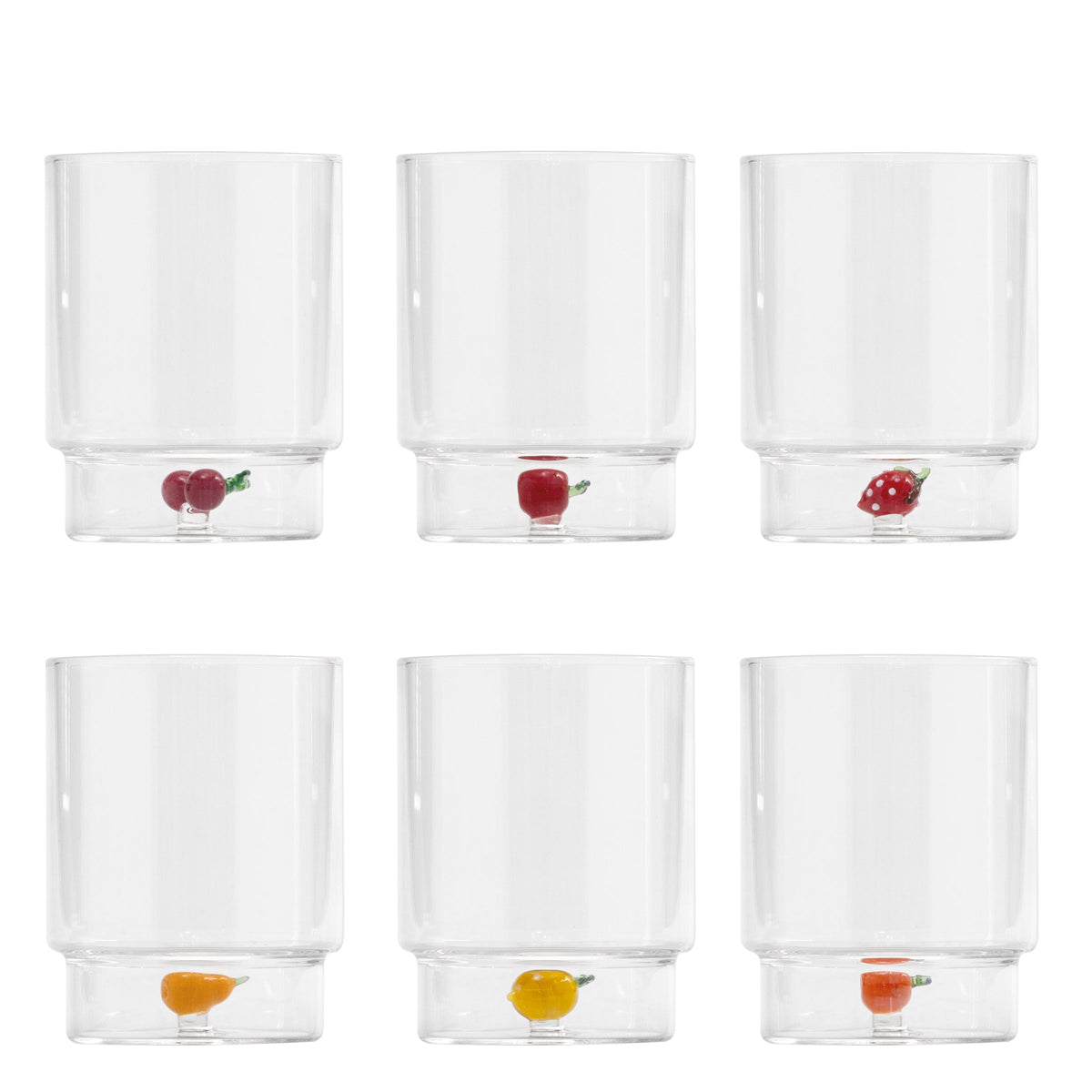 Set of 6 Teca Frutta clear glass tumblers with small colorful glass fruit in each base on white background