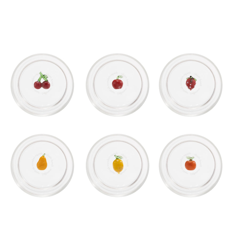 Top view of Teca Frutta set of six tumblers with painted fruit motifs: cherries, apple, strawberry, pear, lemon, orange on white background