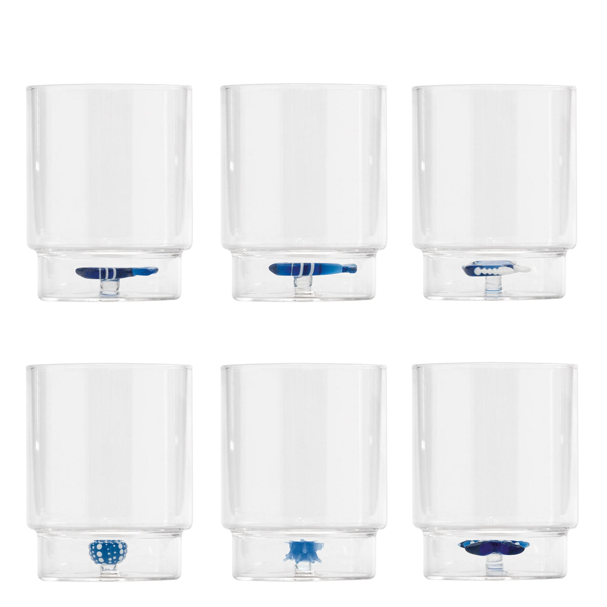 Front view of Teca Mare tumbler set of 6 with clear glass and small blue sea creature figurines in bases on white background