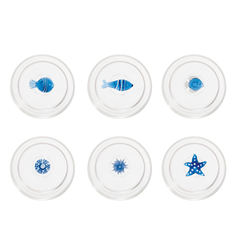 Top view of Teca Mare tumblers, set of 6, showing blue sea-creature glass details on white background