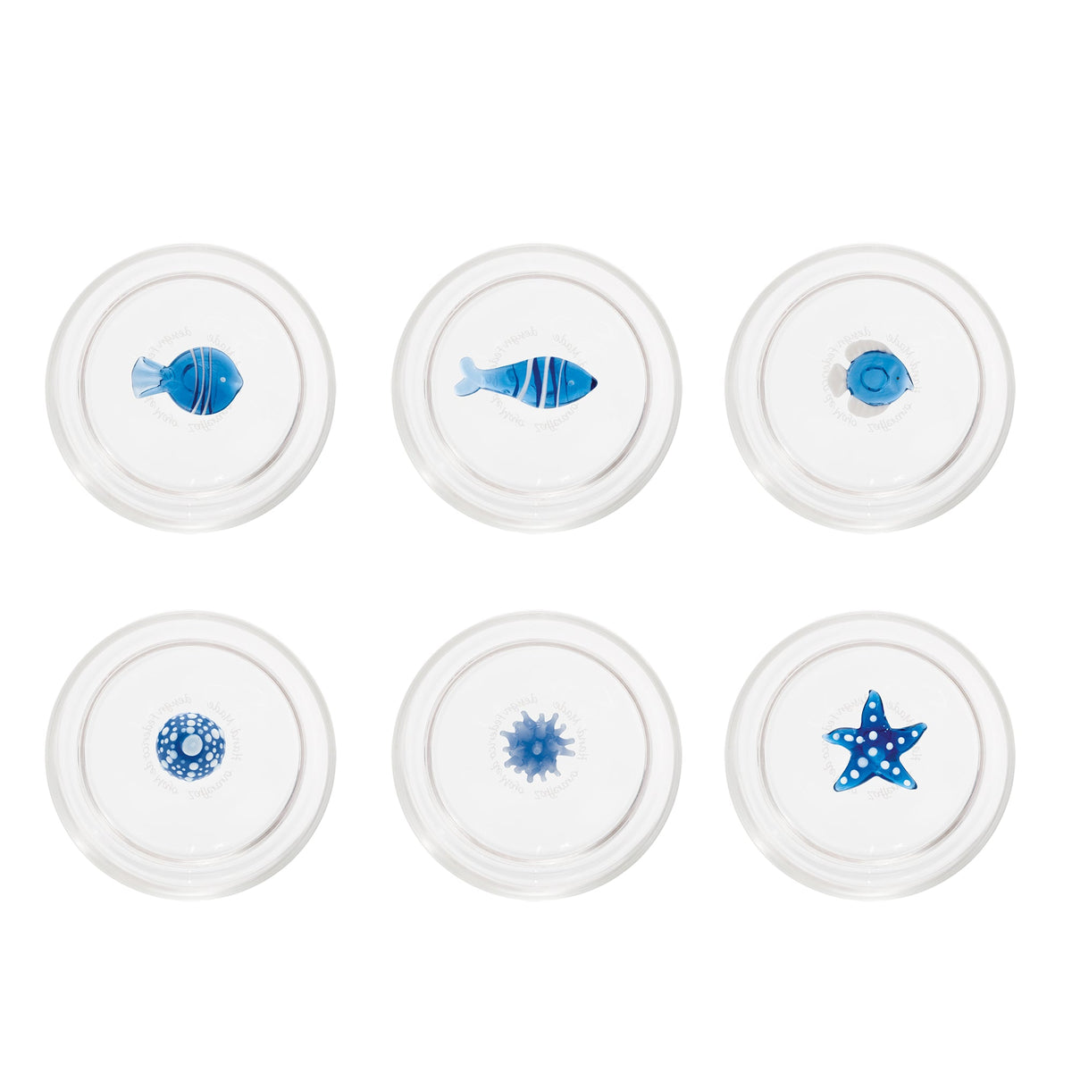 Top view of Teca Mare tumblers, set of 6, showing blue sea-creature glass details on white background