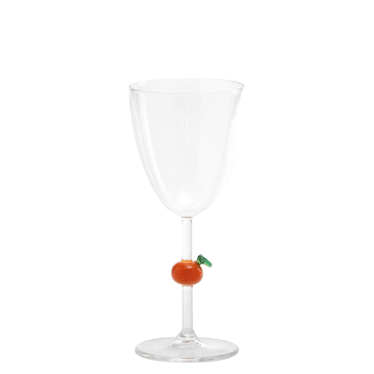 Front view of Teca Frutta Goblet showcasing clear glass bowl and stem with an orange-shaped glass accent on white background