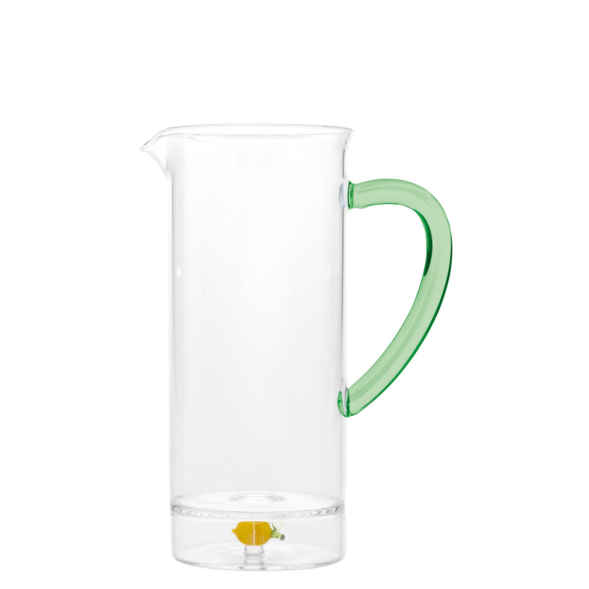 Front view of Teca Frutta carafe showing clear glass body, green handle, and lemon-shaped infuser on white background