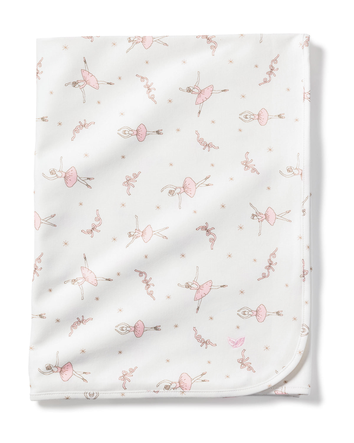 Folded view of Pima Baby Blanket in Sugar Plum Fairy showcasing pink ballerina pattern with white background