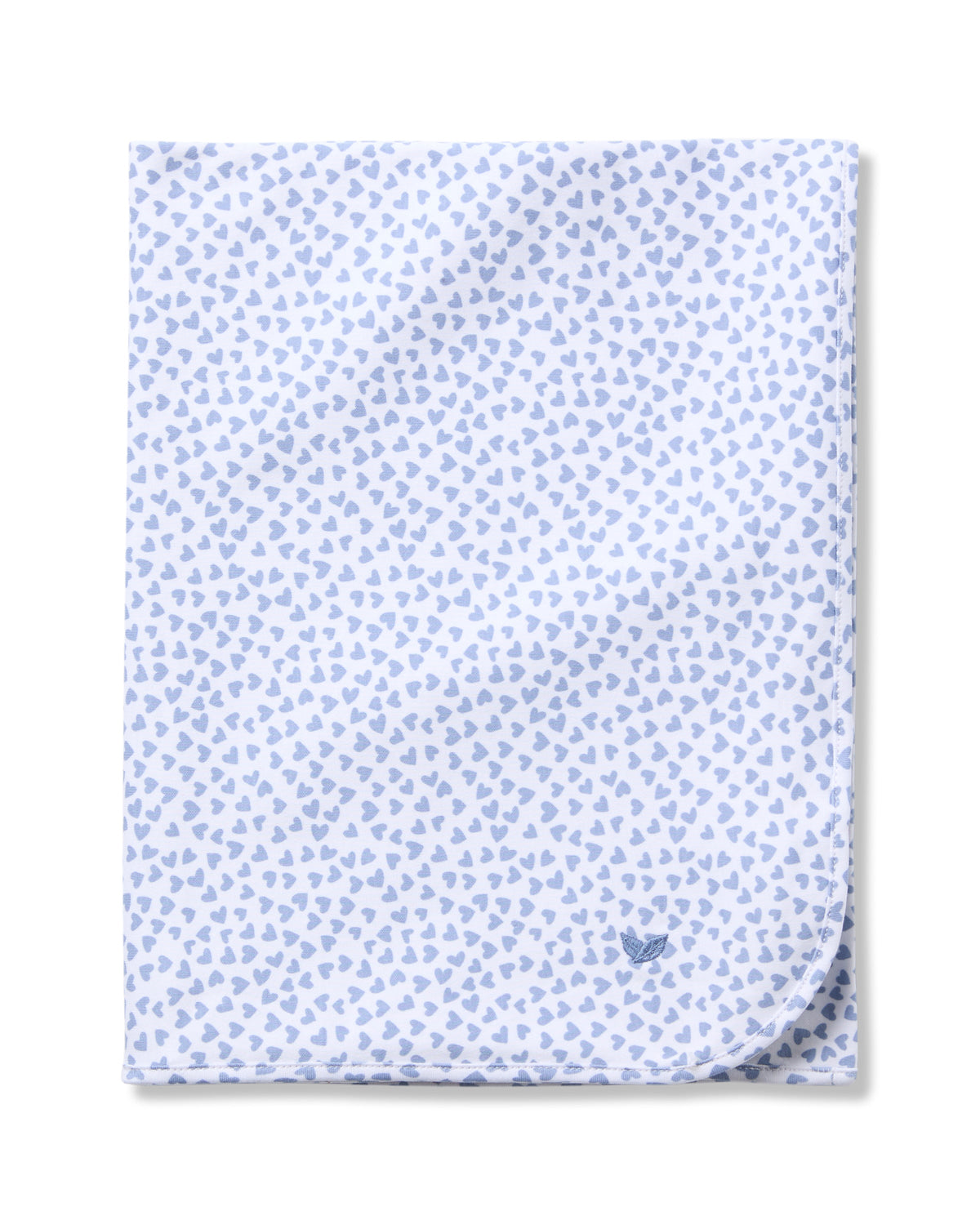 Flat view of Pima Baby Blanket in Bluehearts showcasing a blue heart pattern on a white background