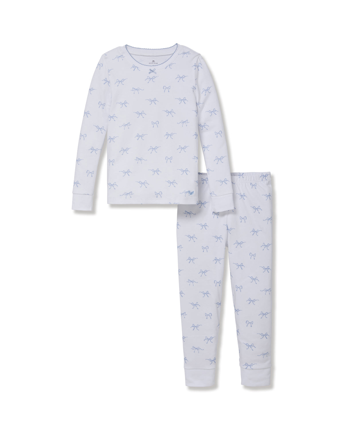 Front view of Kid’s Pima Snug Fit Pajama Set in Something Blue Bows showcasing blue bow print with white background