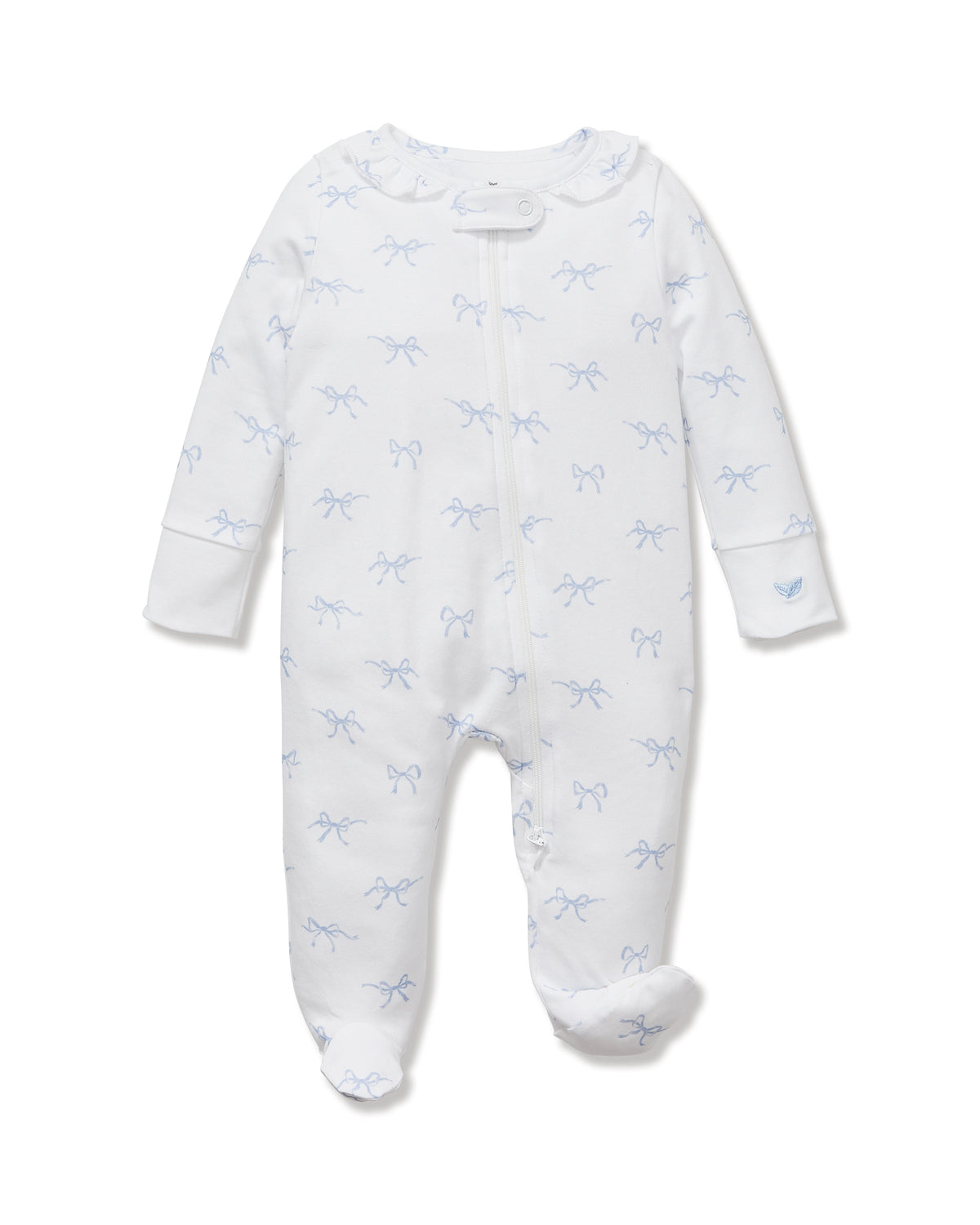 Front view of Baby’s Pima Romper in Something Blue Bows showcasing blue bow print, collar, zip front, and footed legs