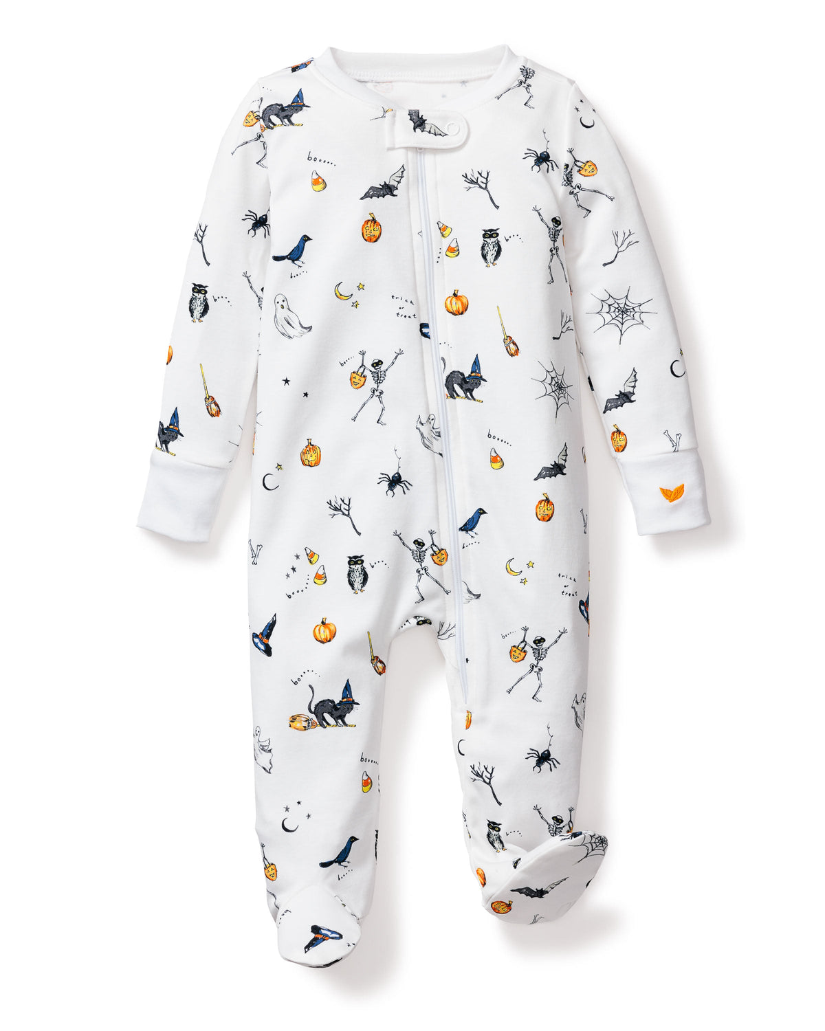 Front view of Baby’s Pima Romper in Trick or Treat showcasing white Halloween print, zipper, and footed design
