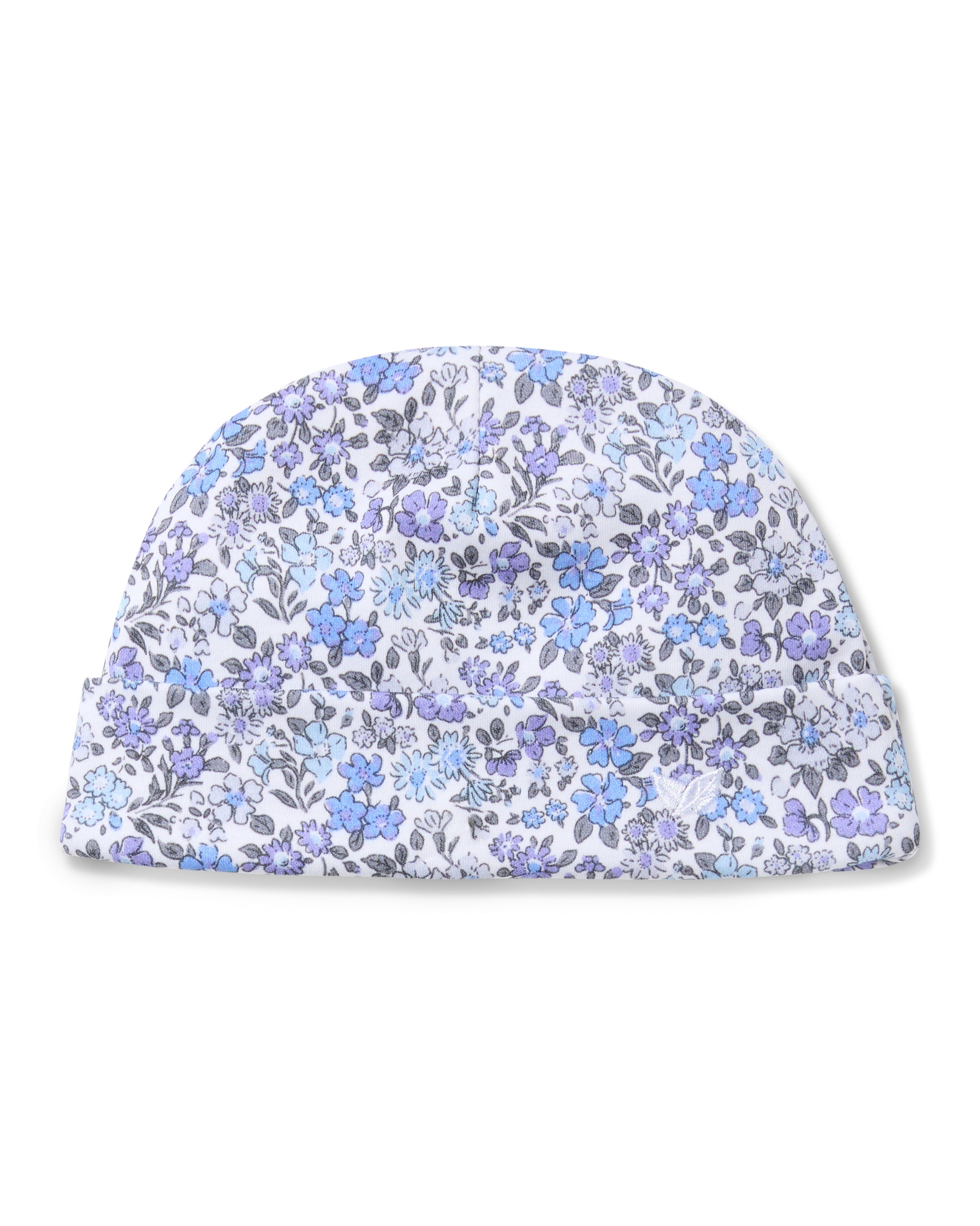 The Babys Pima Hat in Fleur dAzur by Petite Plume is crafted from soft Peruvian Pima Cotton and features a vintage-inspired print of small blue and purple flowers with grey leaves on a white background.