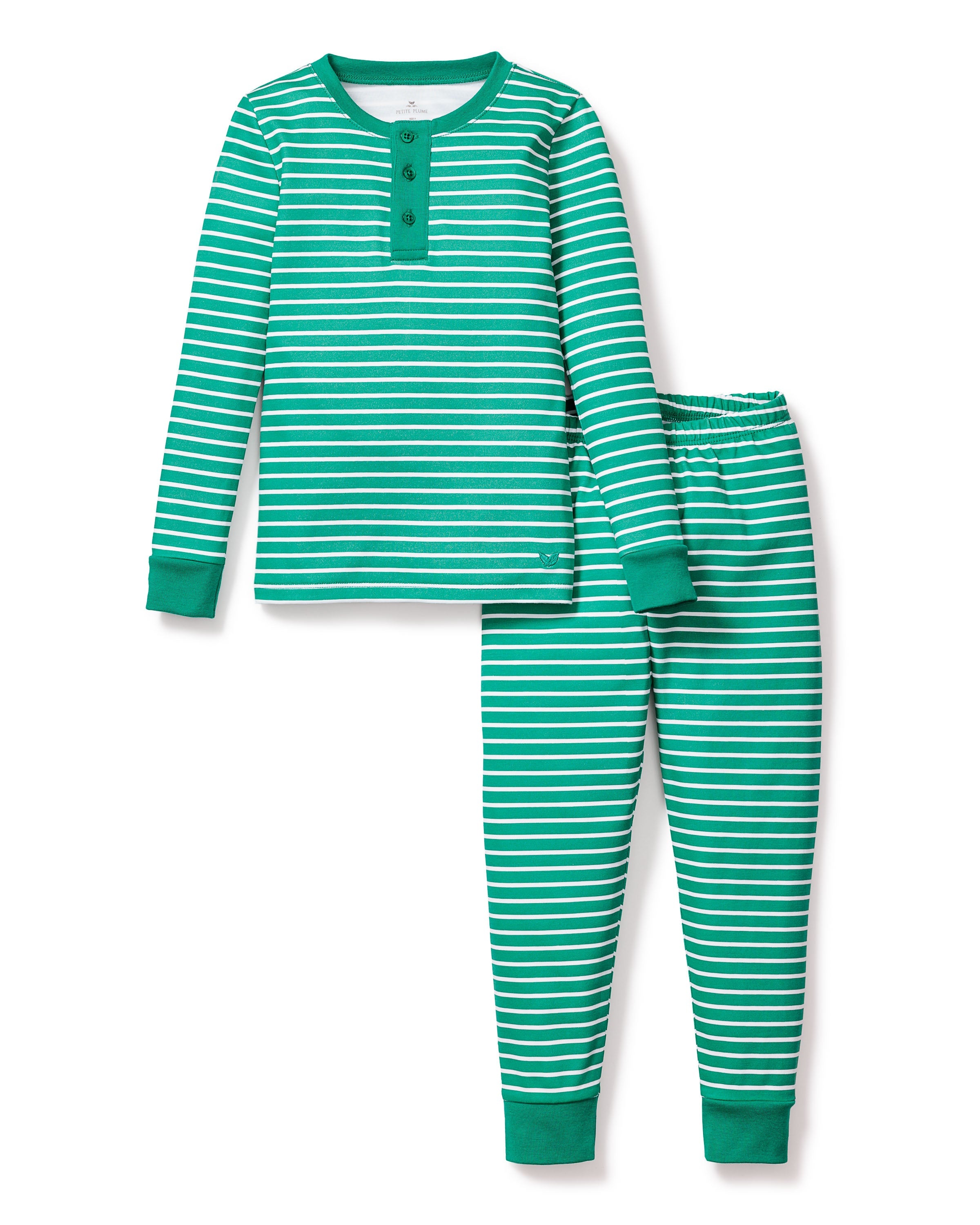 Kid’s Pima Snug Fit Pajama Set in Green Stripe