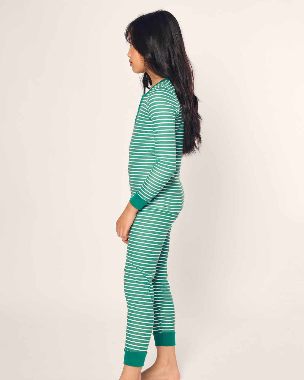 Kid’s Pima Snug Fit Pajama Set in Green Stripe
