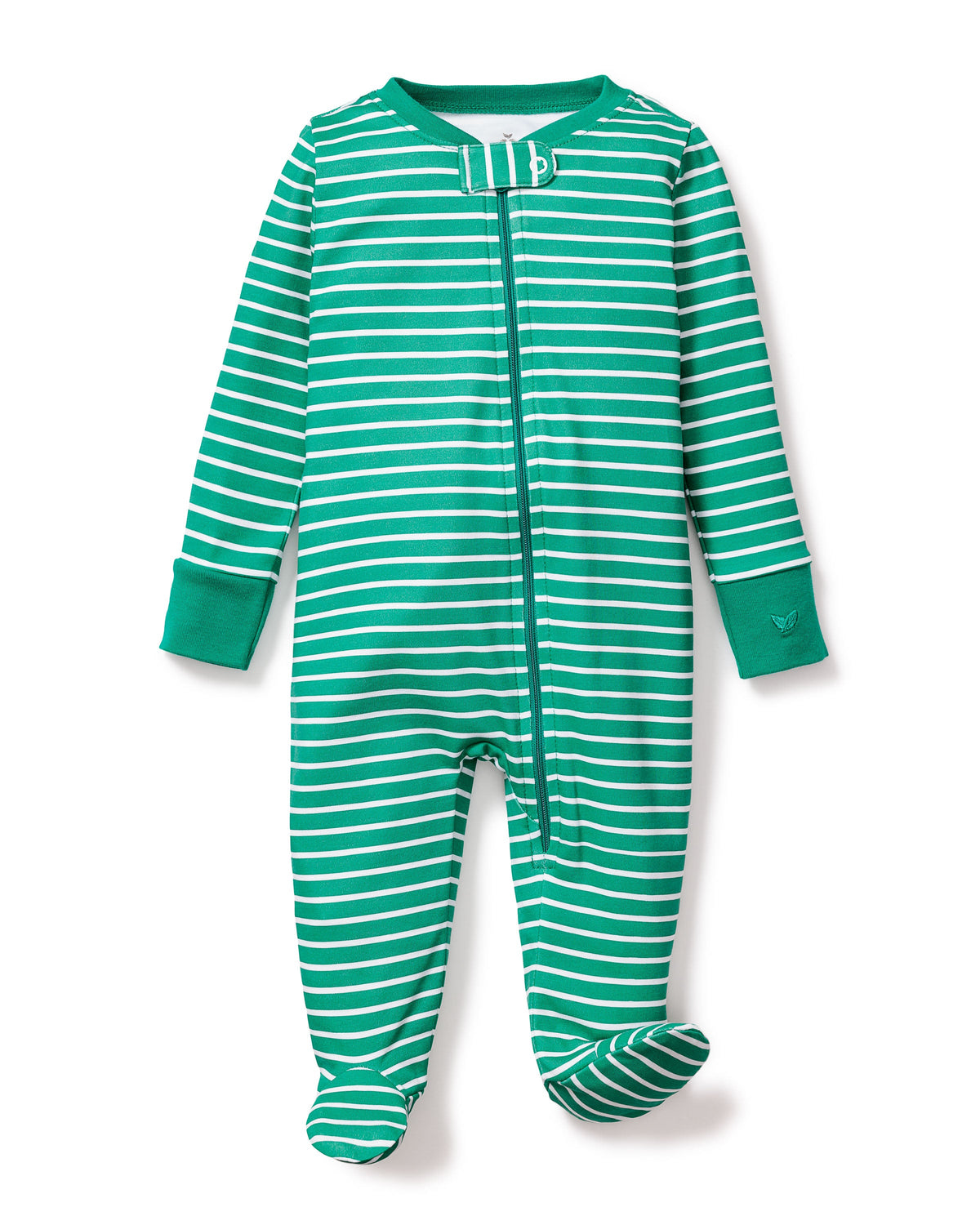Front view of Baby’s Pima Snug Fit Romper in Green Stripe showcasing striped footed design and zipper on white background
