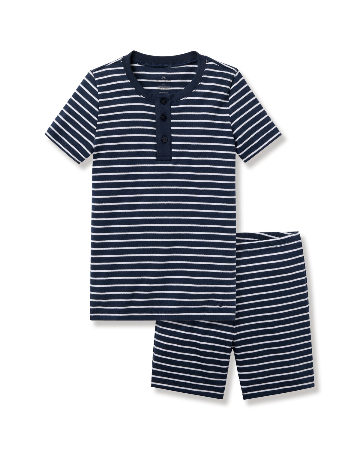 Front view of Kid’s Pima Snug Fit Pajama Short Set in Navy Stripe showcasing striped short sleeve top and matching shorts with a white background