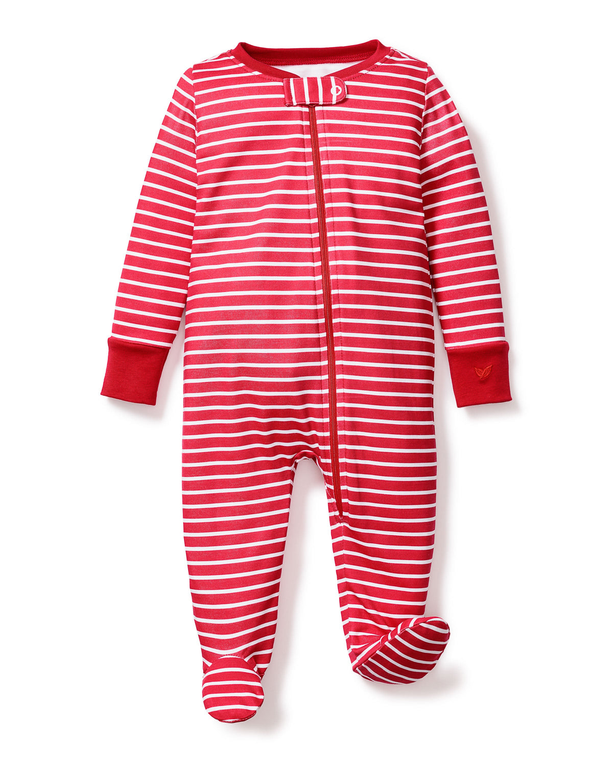 Front view of Baby’s Pima Romper in Red Stripe showcasing white stripes, zip closure, logo buttons, and contrast cuffs on white background