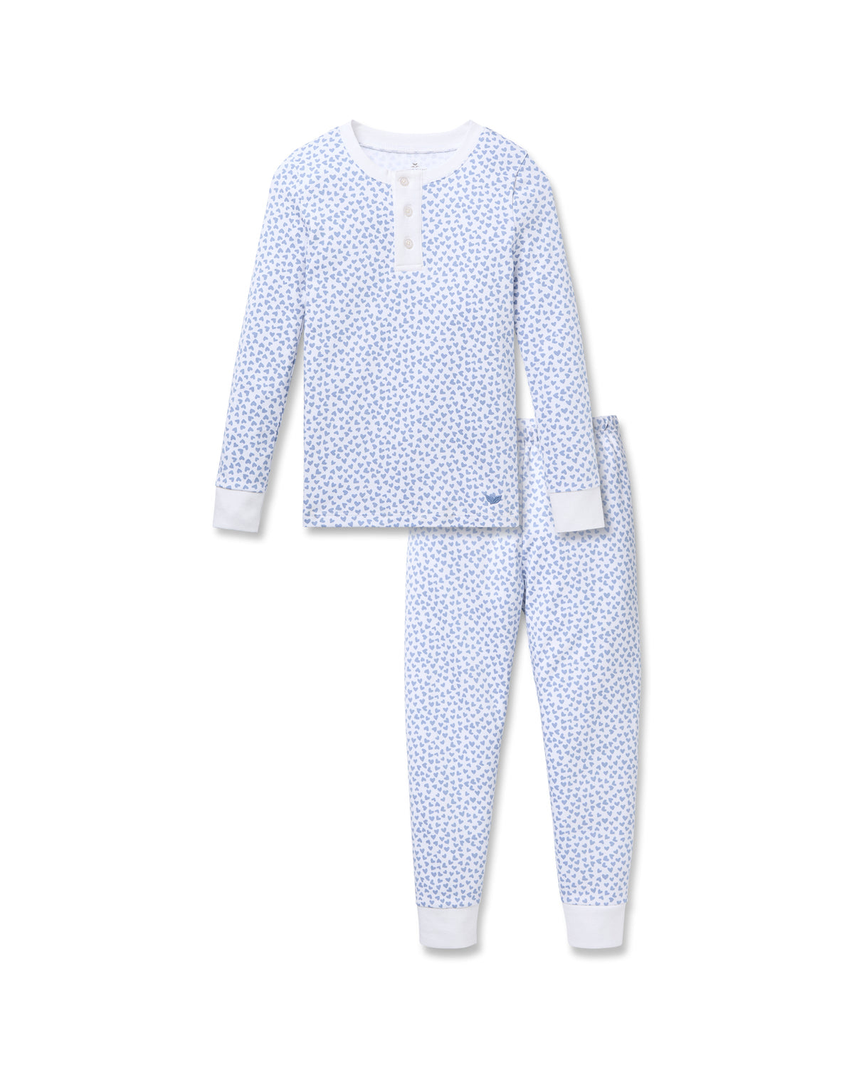 Front view of Kid’s Pima Snug Fit Pajama Set in Bluehearts showcasing blue heart print and white trim on white background