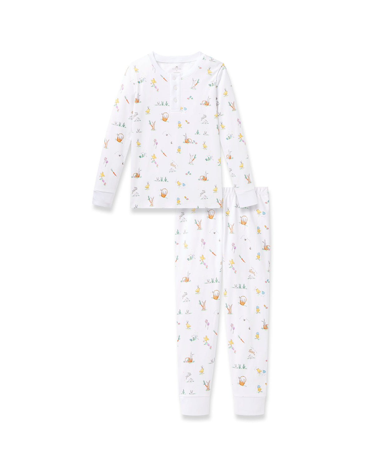 The Petite Plume Kids Pima Snug Fit Pajama Set in Easter Frolic features long sleeves and bottoms, adorned with a playful print of rabbits, chicks, and pastel flowers—ideal for a charming coordinated style this Easter.