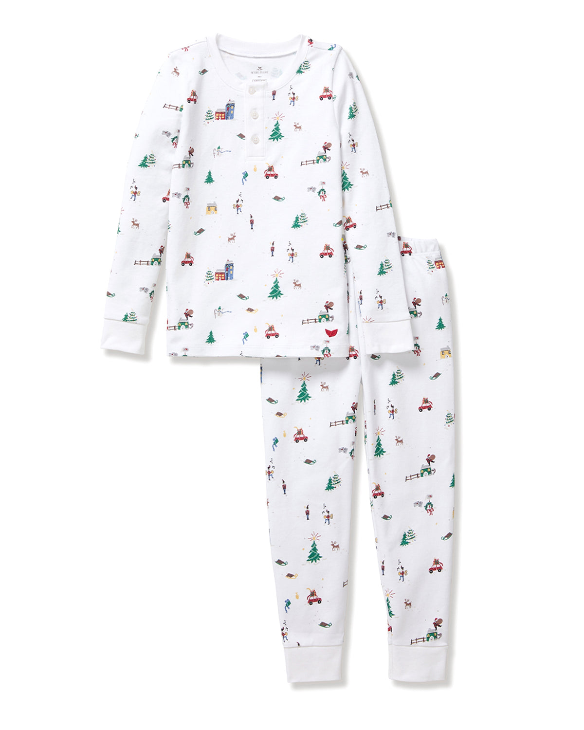 Front view of Kid’s Pima Snug Fit Pajama Set in Holiday Town showcasing white holiday print with white background