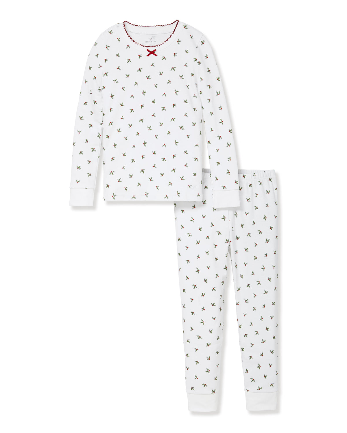 Front view of Kid’s Pima Snug Fit Pajama Set in Mistletoe Moments showcasing mistletoe print and red trim on white background