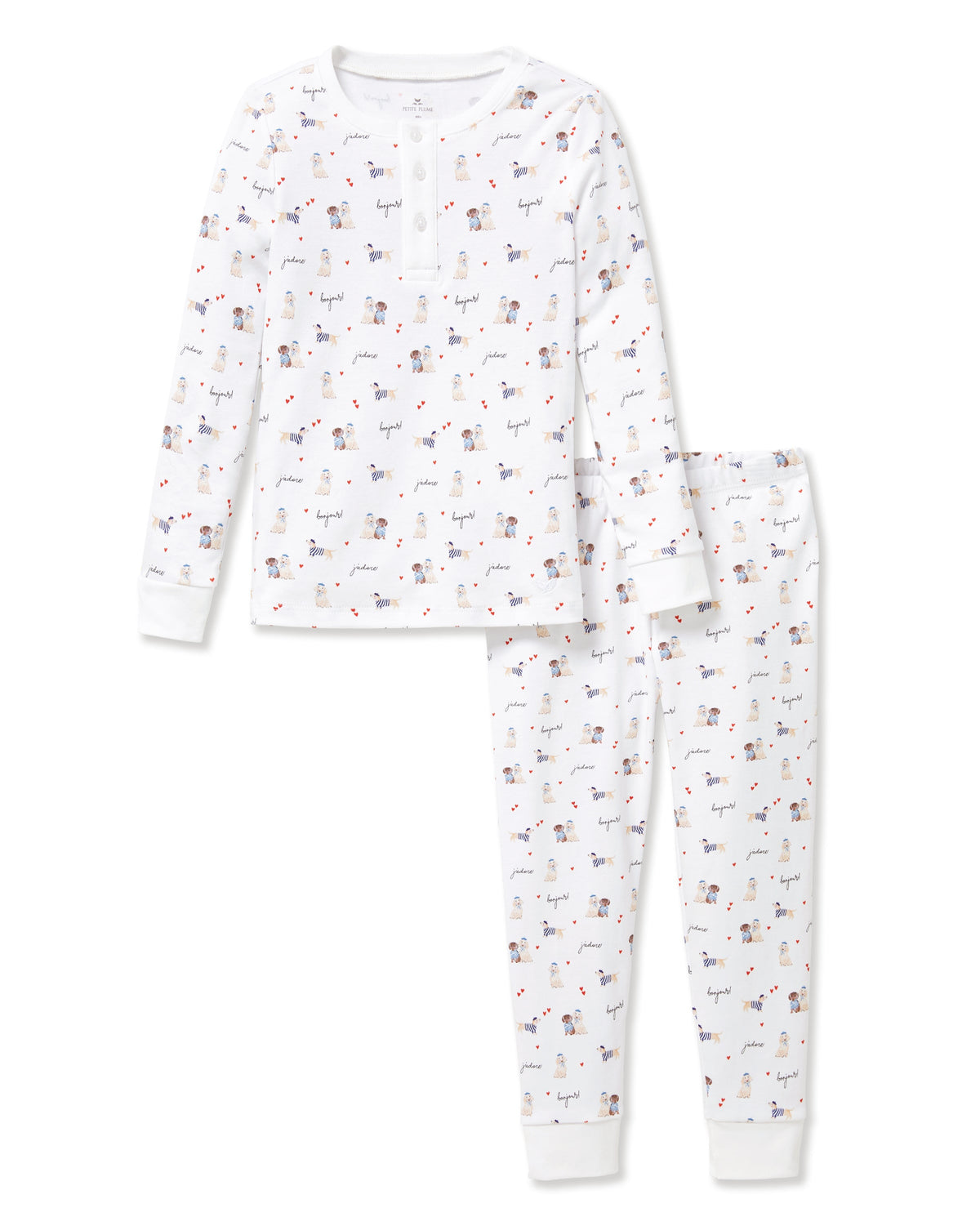 Front flat lay of Kids Pima snug fit pajama set in Le Woof print showing henley top with three button placket and cuffed pants on white background