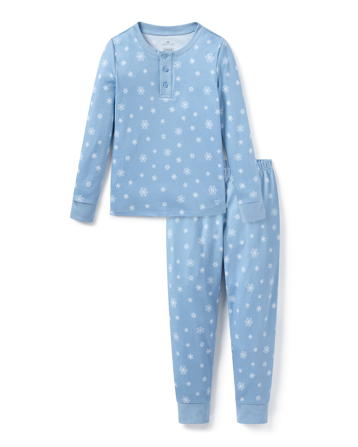 Front view of Kids Pima Snug Fit Pajama Set in Periwinkle Wonderland showcasing white snowflakes on white background